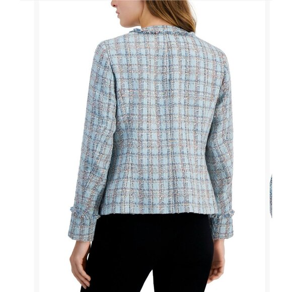 Ann Klein Tweed Double Breasted Blazer Jacket 14 Preppy Blue Pink Multi Metallic - Picture 2 of 16